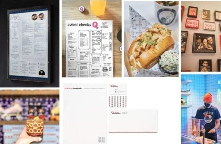 A collage of images showing restaurant menus, food items, and a person in a themed t-shirt. The menu includes sweet checks. One image shows a wall with framed art. Another features a hand holding a figurine. Stationery is also displayed.